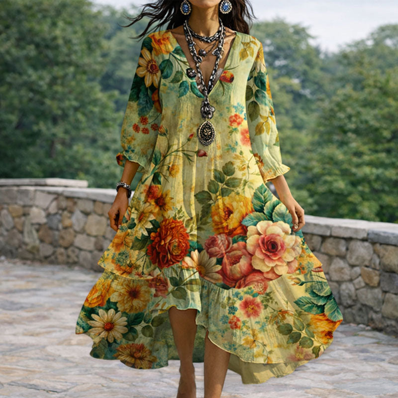 Grace - Women's V-Neck Boho Floral Dress with Flowing Skirt