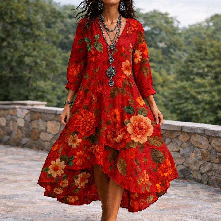 Grace - Women's V-Neck Boho Floral Dress with Flowing Skirt