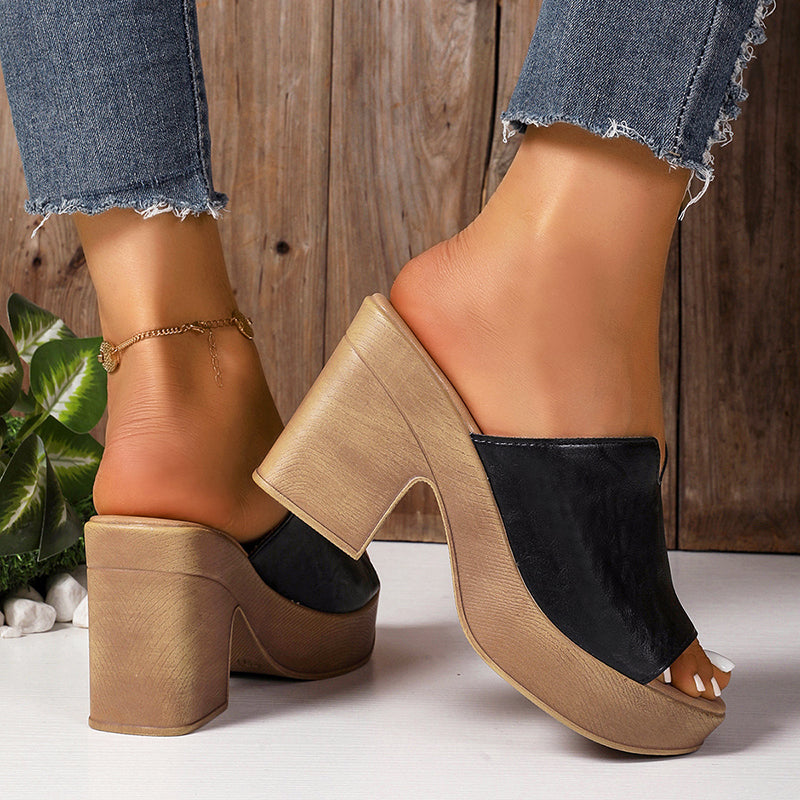 Grace - Women's Wide Strap Chunky Block Heel Slides