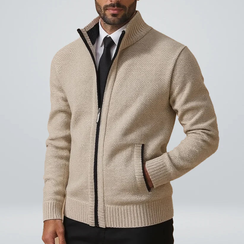 Gregory - Men's Textured Full-Zip Cardigan with Ribbed Cuffs