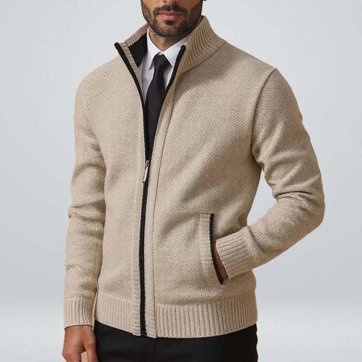 Gregory - Men's Textured Full-Zip Cardigan with Ribbed Cuffs
