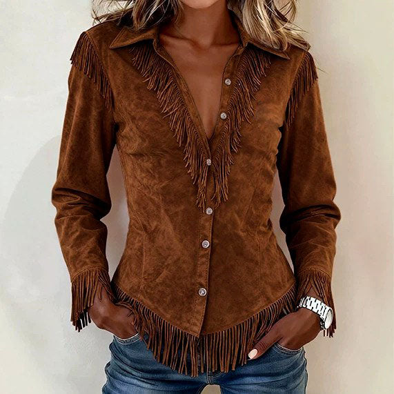 Greta - Women's Faux Suede Fringe Western Shirt