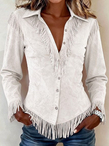 Greta - Women's Faux Suede Fringe Western Shirt