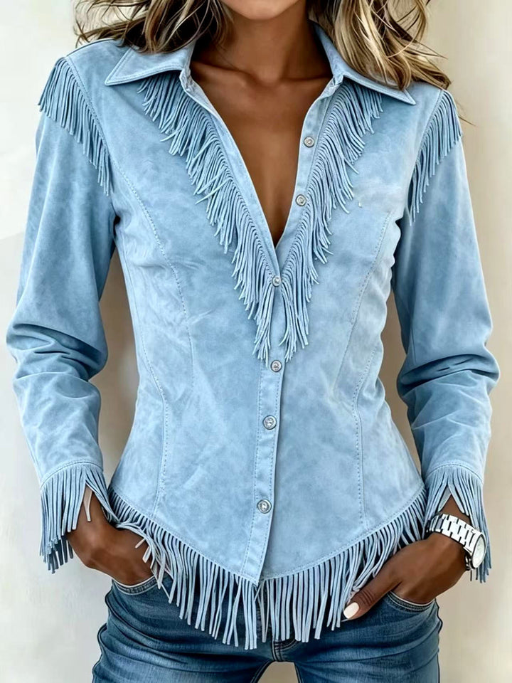 Greta - Women's Faux Suede Fringe Western Shirt