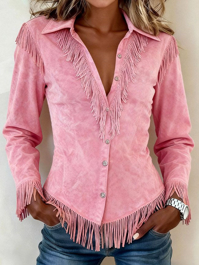 Greta - Women's Faux Suede Fringe Western Shirt