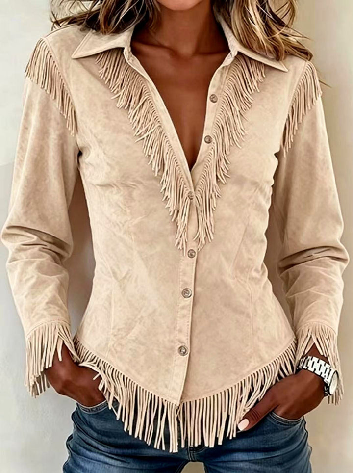 Greta - Women's Faux Suede Fringe Western Shirt