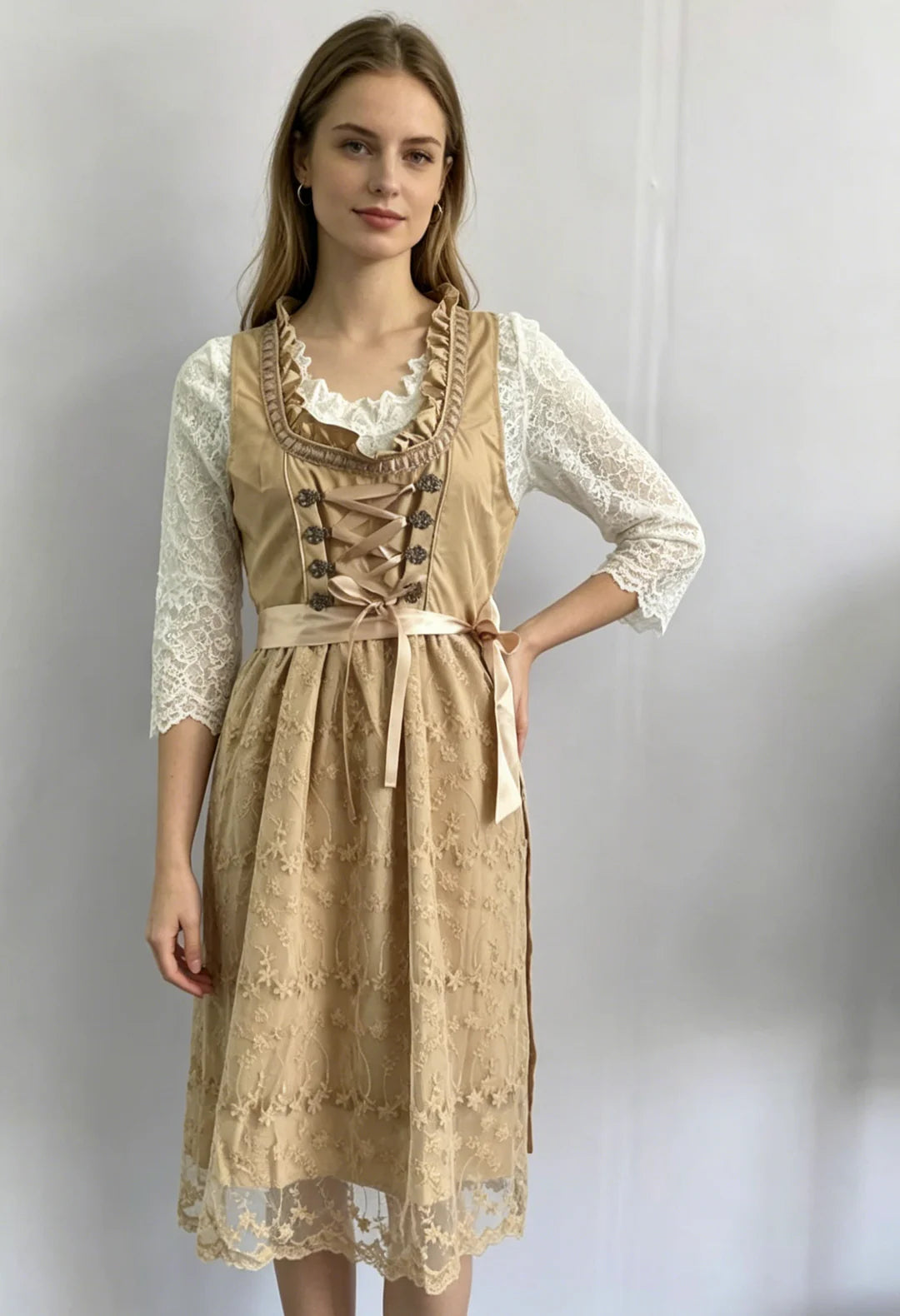 Greta - Women's Lace-Up Corset Dirndl Dress with Floral Skirt and Lace Blouse