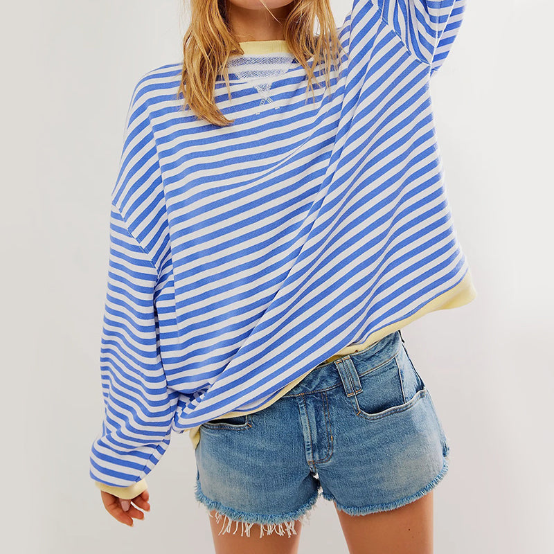 Hailey - Women's Contrast Ribbed Trim Striped Sweatshirt