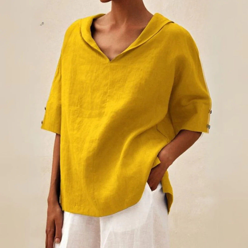 Hannah - Women's Loose Linen V-Neck Shirt