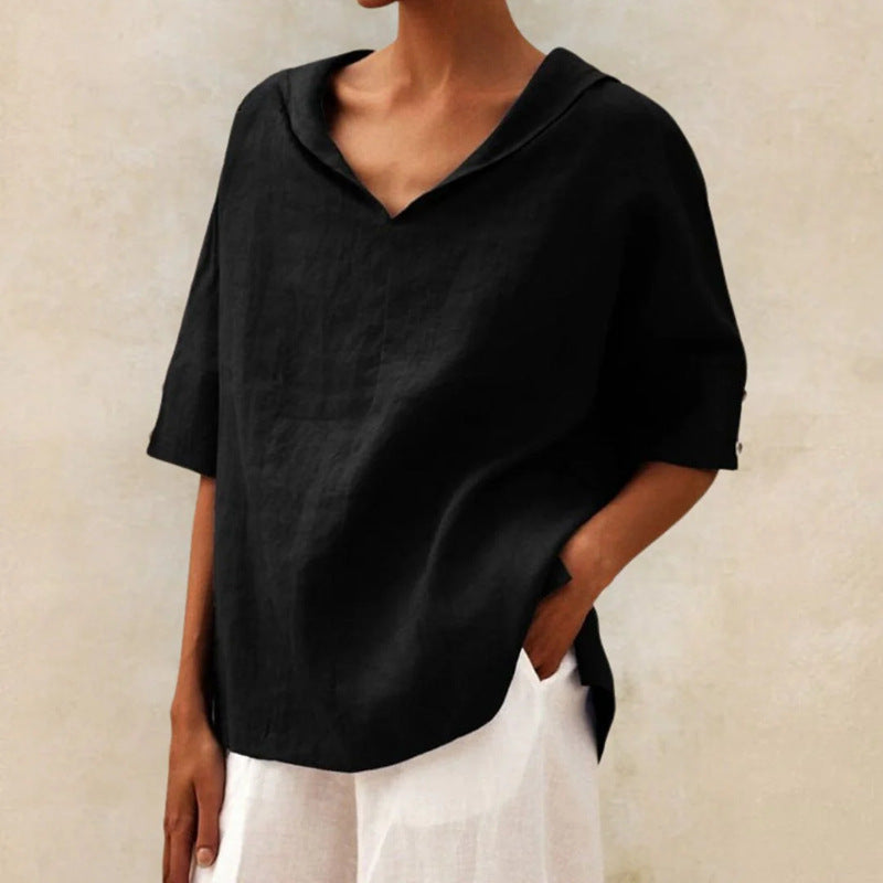 Hannah - Women's Loose Linen V-Neck Shirt