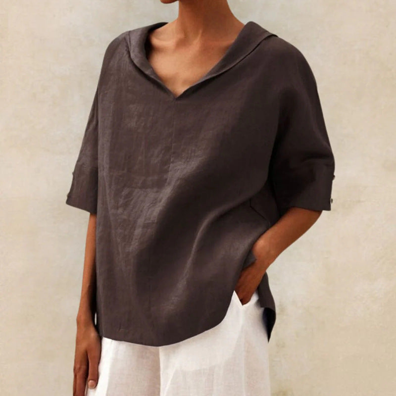 Hannah - Women's Loose Linen V-Neck Shirt