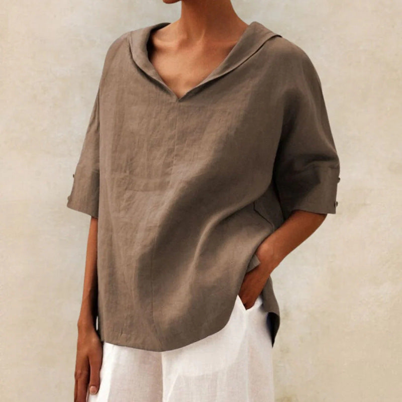 Hannah - Women's Loose Linen V-Neck Shirt