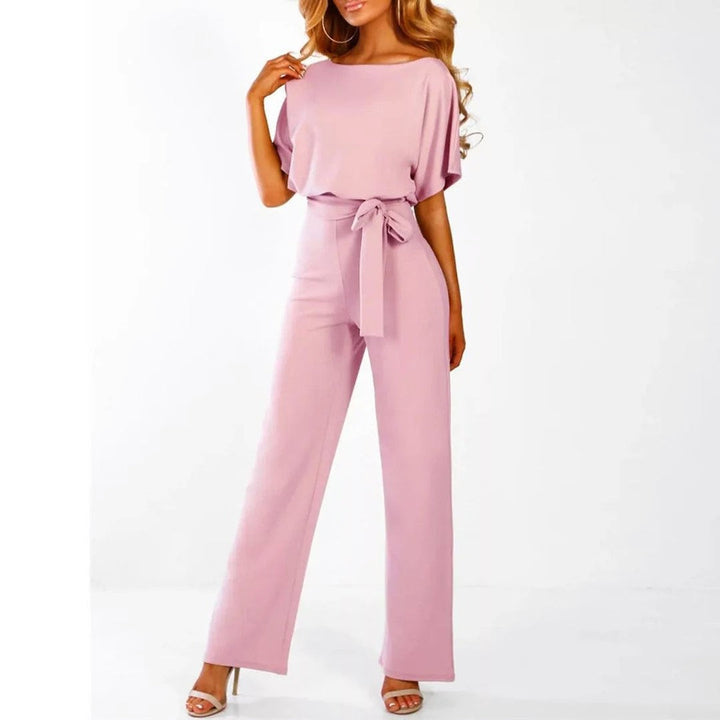Hannah - Women's Pleated Neckline Jumpsuit with Tie Belt