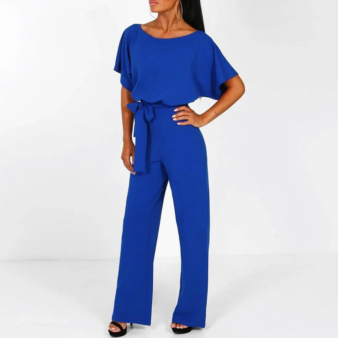Hannah - Women's Pleated Neckline Jumpsuit with Tie Belt