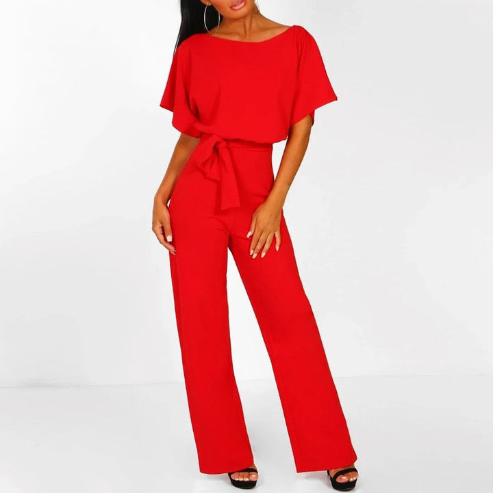 Hannah - Women's Pleated Neckline Jumpsuit with Tie Belt