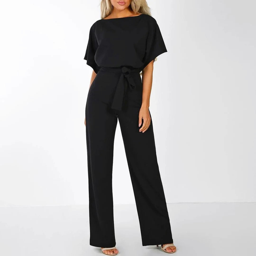 Hannah - Women's Pleated Neckline Jumpsuit with Tie Belt