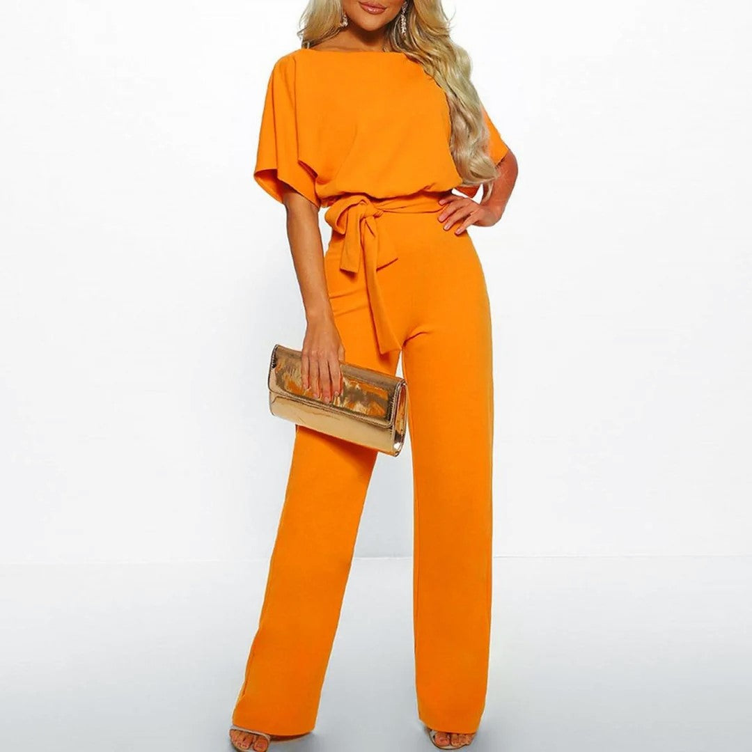 Hannah - Women's Pleated Neckline Jumpsuit with Tie Belt