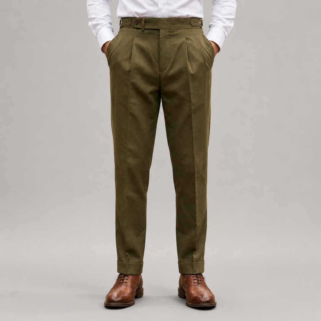 Henry - Men's Pleated Cotton Twill Straight-Fit Trousers