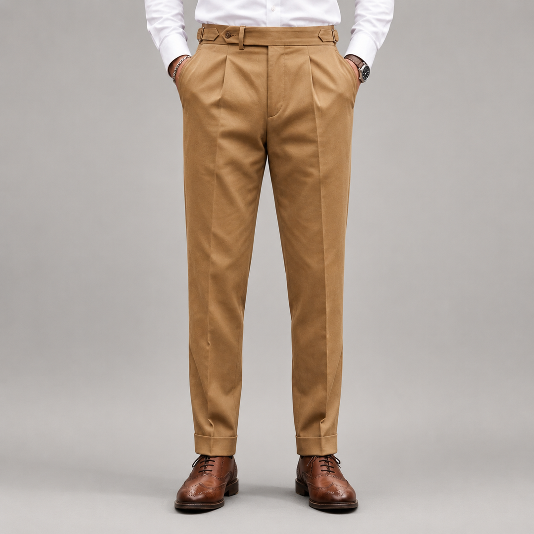 Henry - Men's Pleated Cotton Twill Straight-Fit Trousers