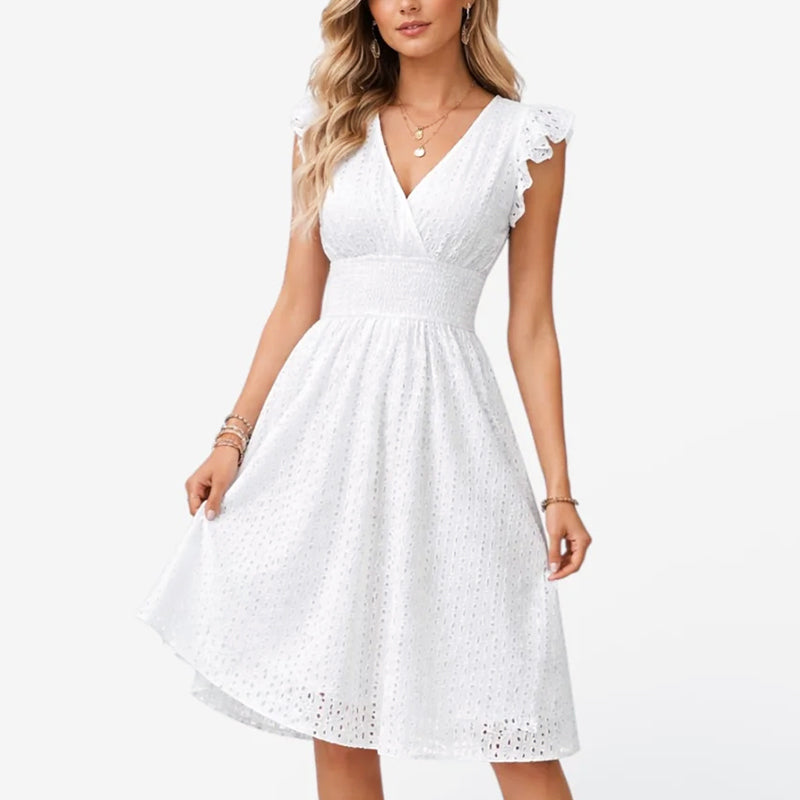 Iris - Women’s Eyelet Lace V-Neck Midi Dress
