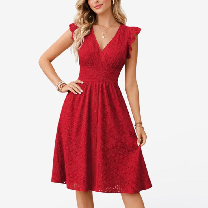 Iris - Women’s Eyelet Lace V-Neck Midi Dress