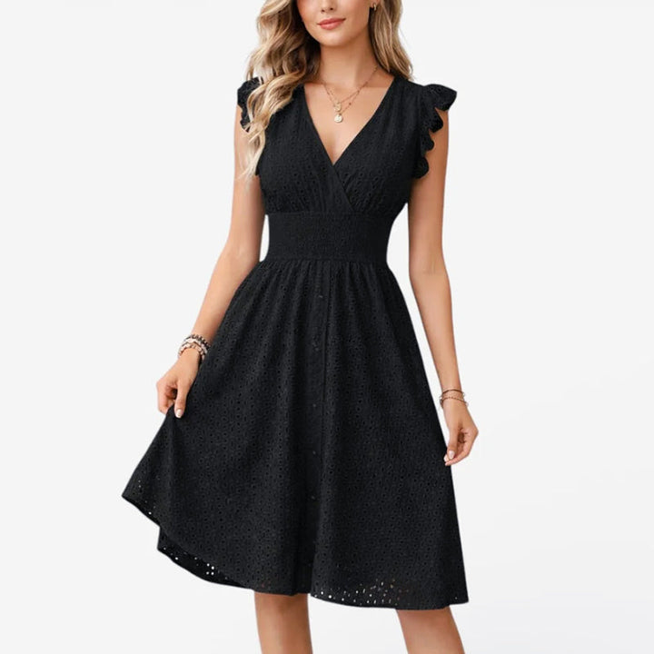 Iris - Women’s Eyelet Lace V-Neck Midi Dress