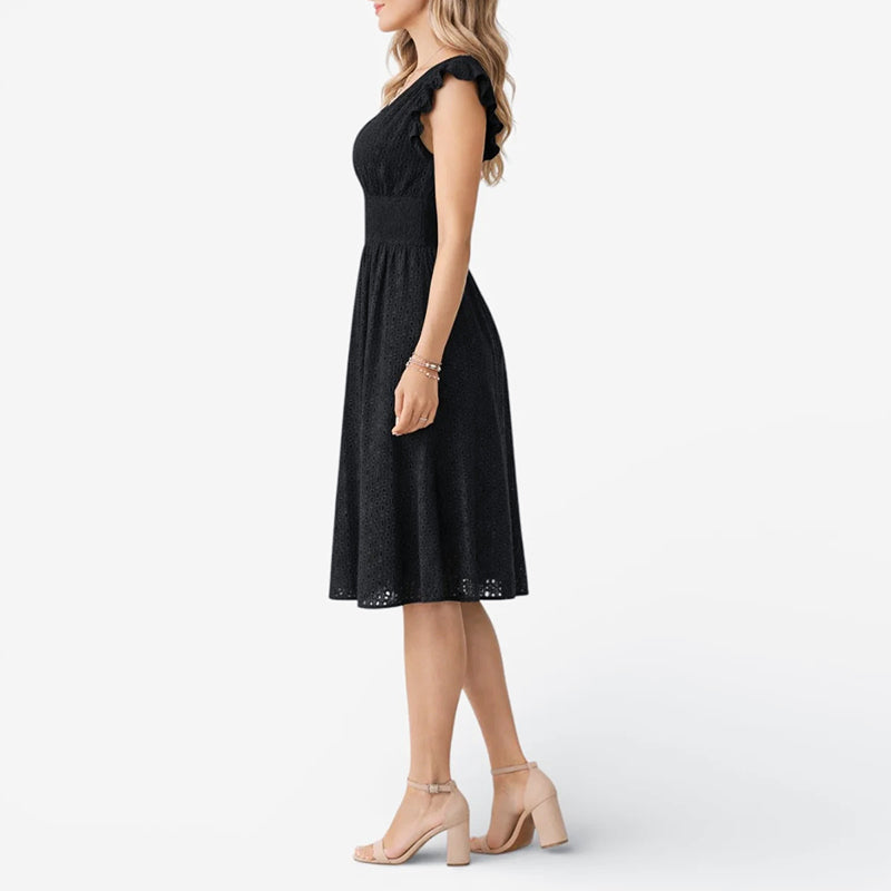 Iris - Women’s Eyelet Lace V-Neck Midi Dress