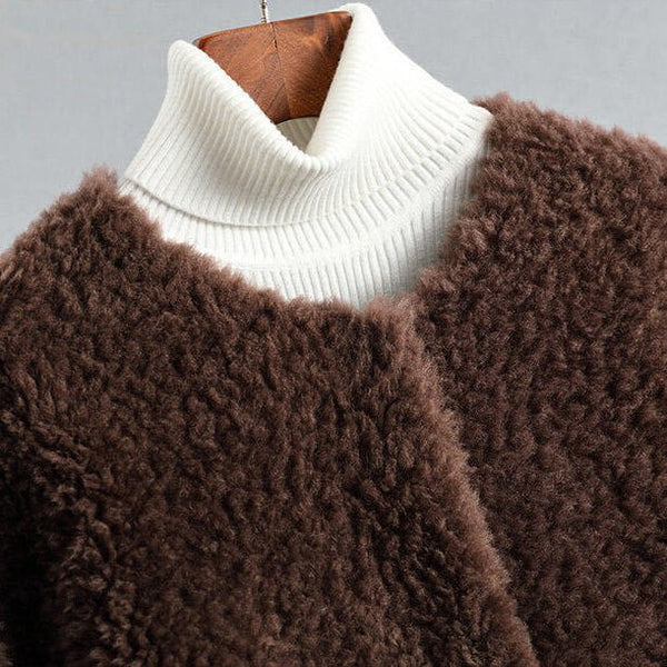 Jade - Women's Fluffy Shearling Coat with Draped Silhouette