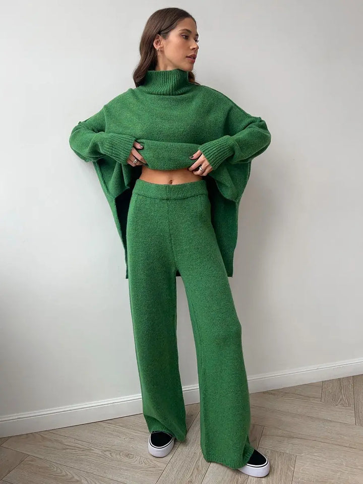 Jane - Women's Turtleneck Sweater and Wide-Leg Knit Pants Set