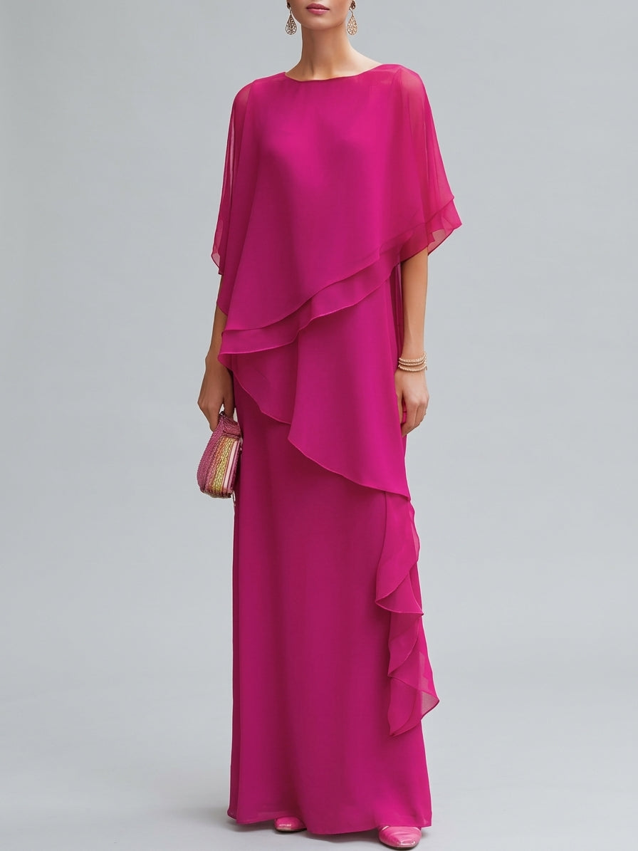 Jenica - Women's Cascading Ruffle Chiffon Cape Dress