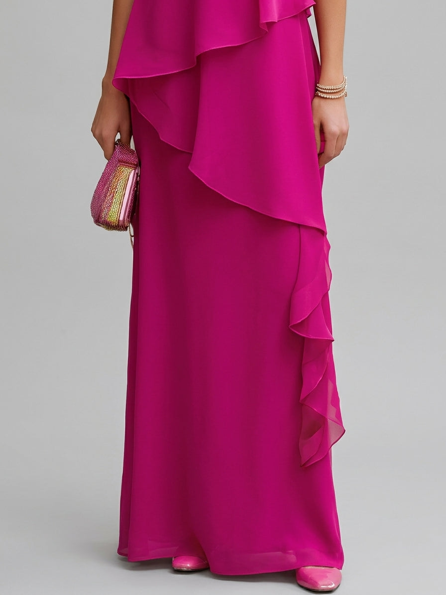 Jenica - Women's Cascading Ruffle Chiffon Cape Dress