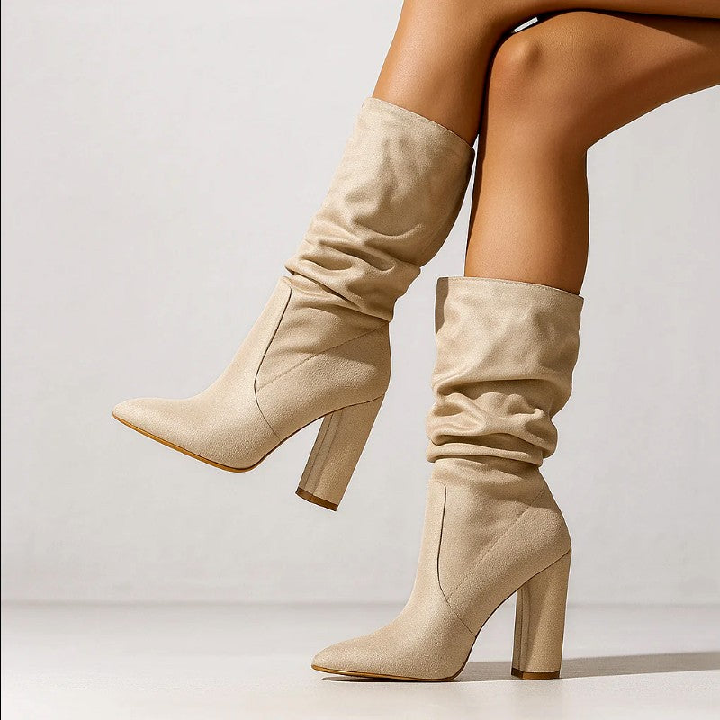 Jocelyn - Suede Look High Heel Slouch Boots