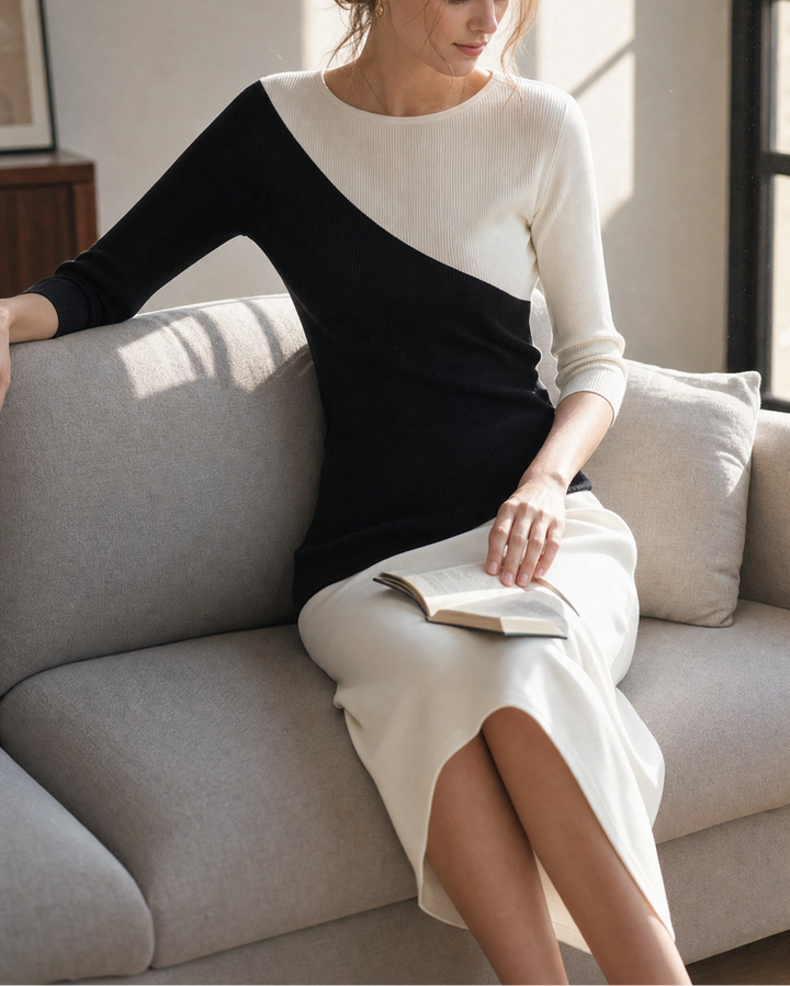Karina - Women's Asymmetric Color-Block 3/4 Sleeve Knit Top