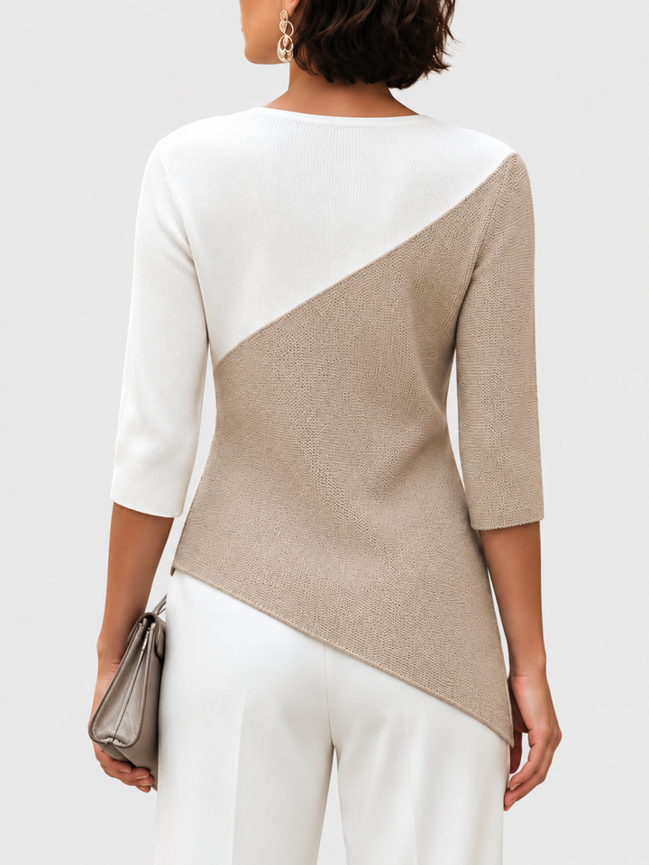 Karina - Women's Asymmetric Color-Block 3/4 Sleeve Knit Top