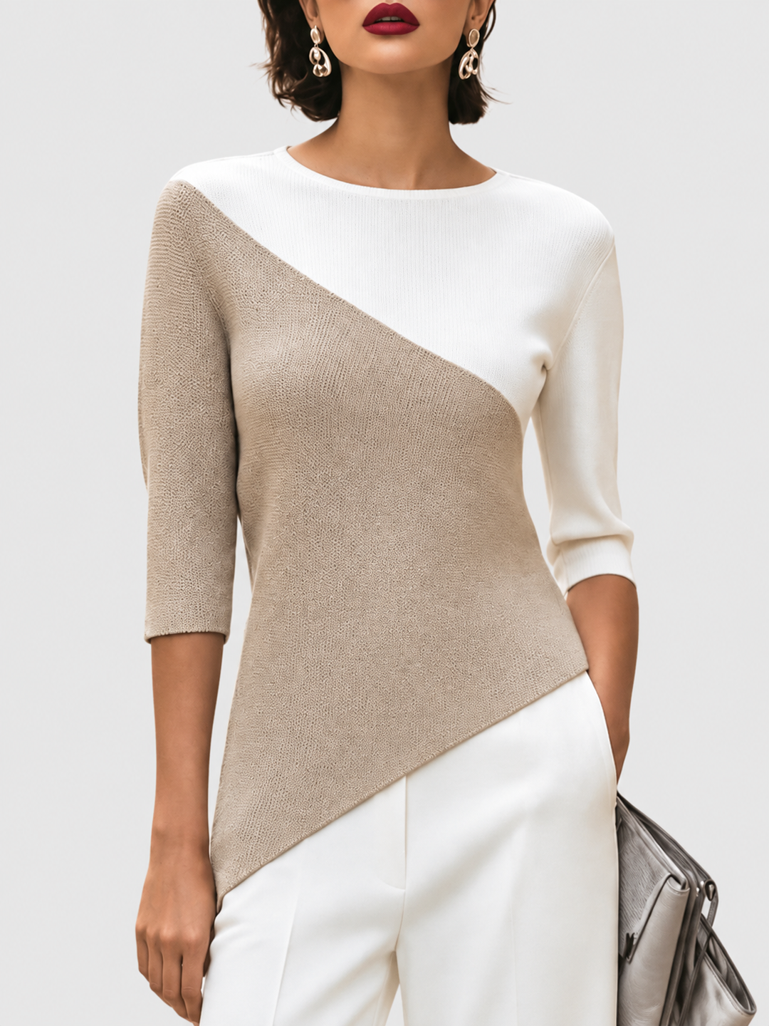 Karina - Women's Asymmetric Color-Block 3/4 Sleeve Knit Top