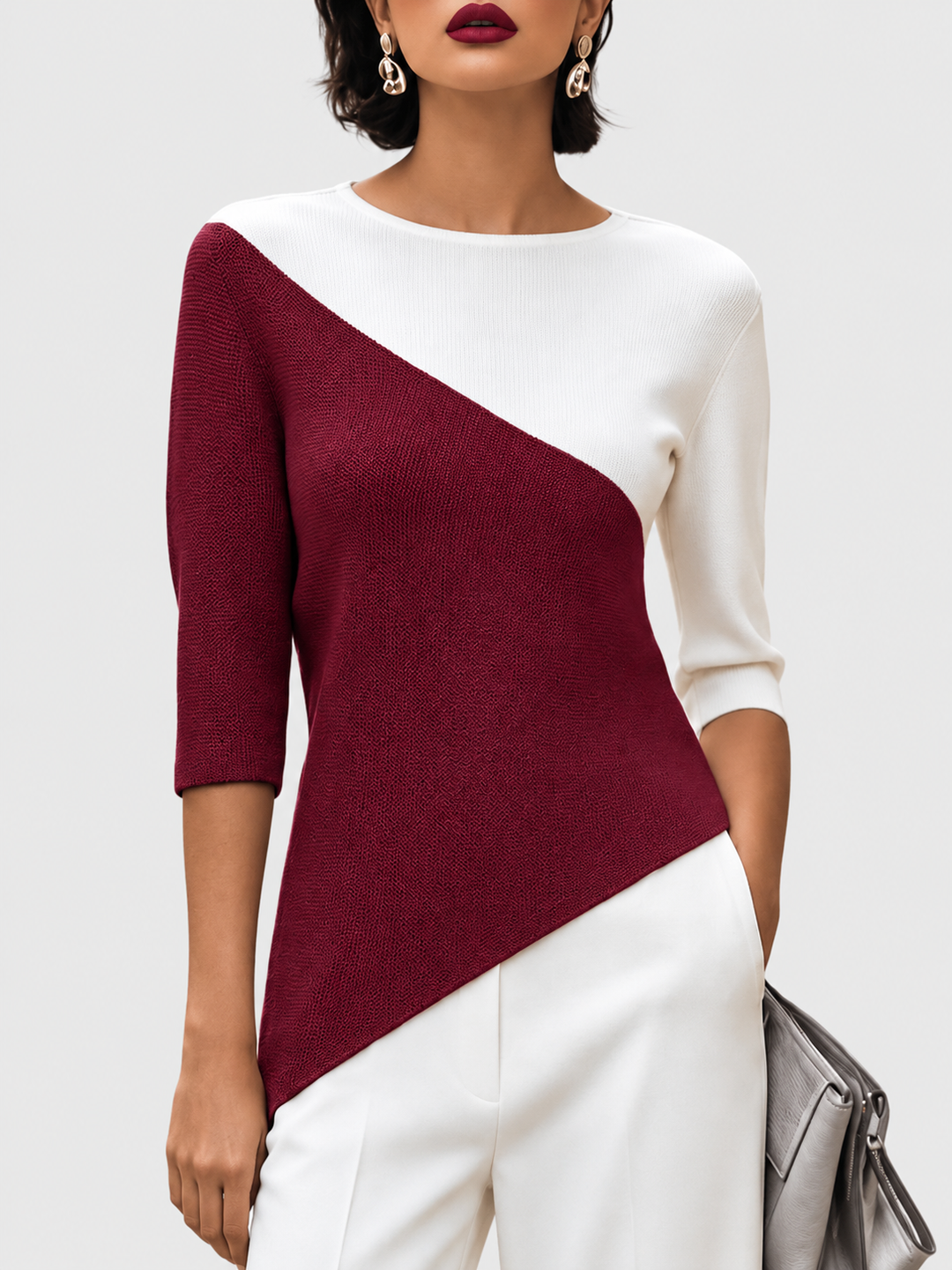 Karina - Women's Asymmetric Color-Block 3/4 Sleeve Knit Top