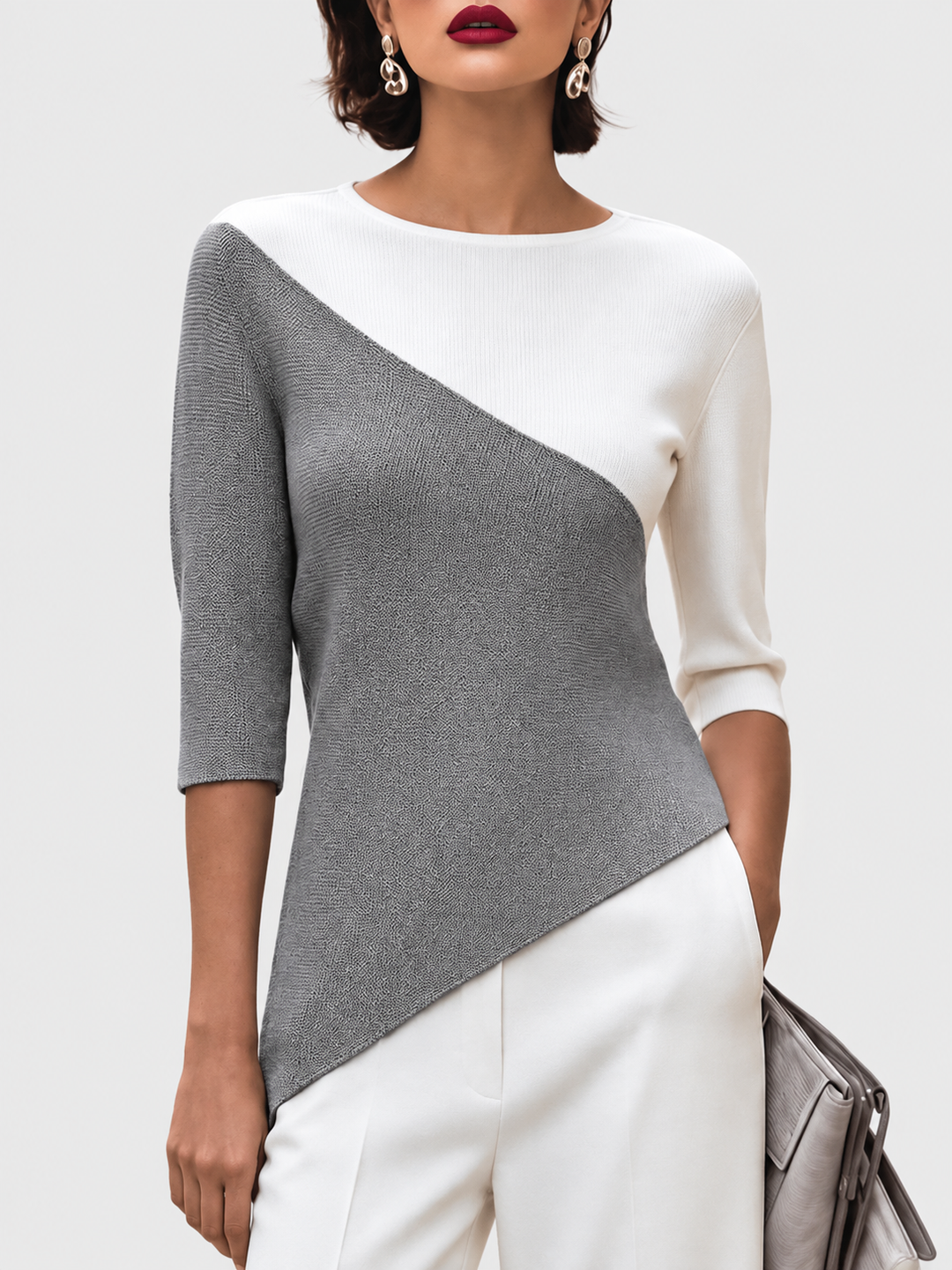 Karina - Women's Asymmetric Color-Block 3/4 Sleeve Knit Top
