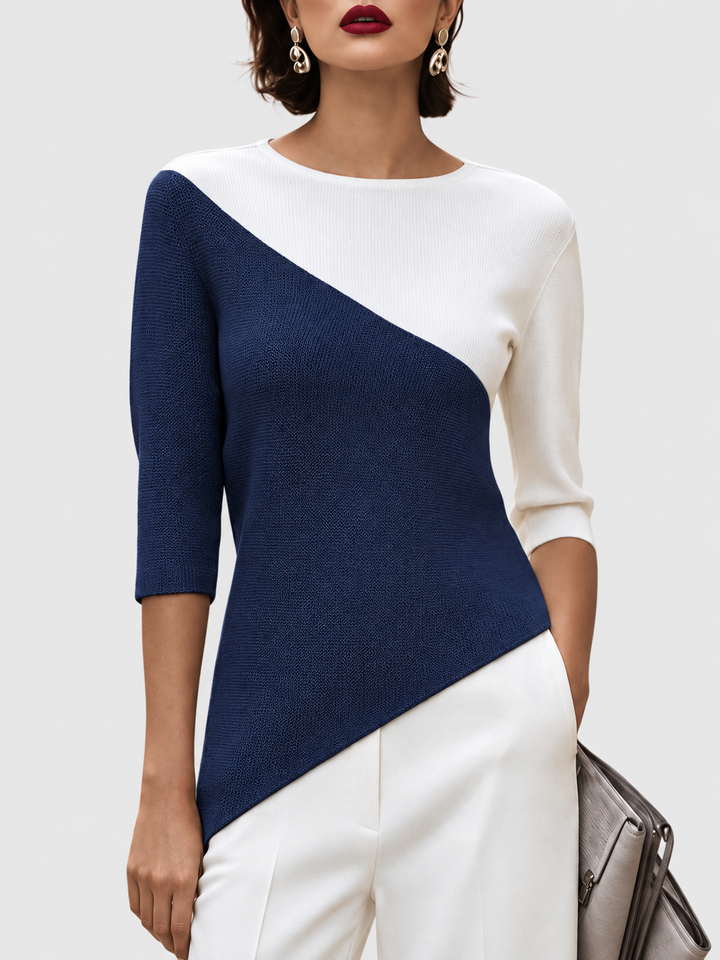 Karina - Women's Asymmetric Color-Block 3/4 Sleeve Knit Top