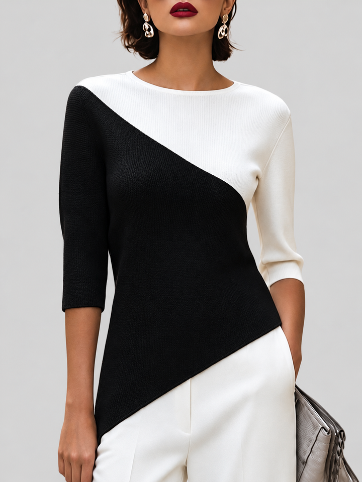 Karina - Women's Asymmetric Color-Block 3/4 Sleeve Knit Top