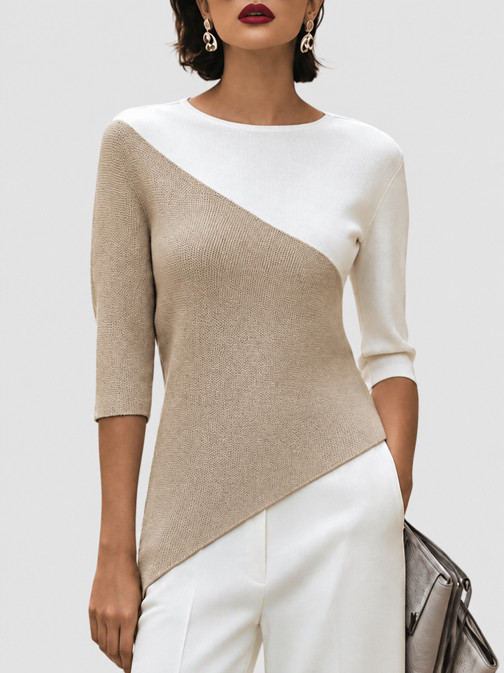 Karina - Women's Asymmetric Color-Block 3/4 Sleeve Knit Top