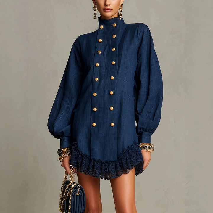 Keturah - Women's Lantern Sleeve Button Ruffle Mini Dress