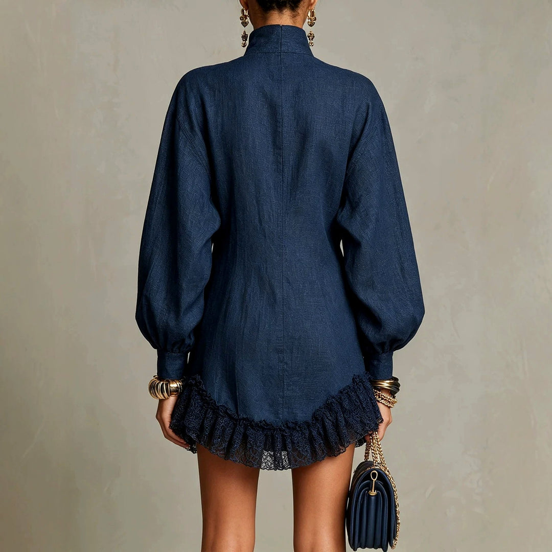 Keturah - Women's Lantern Sleeve Button Ruffle Mini Dress