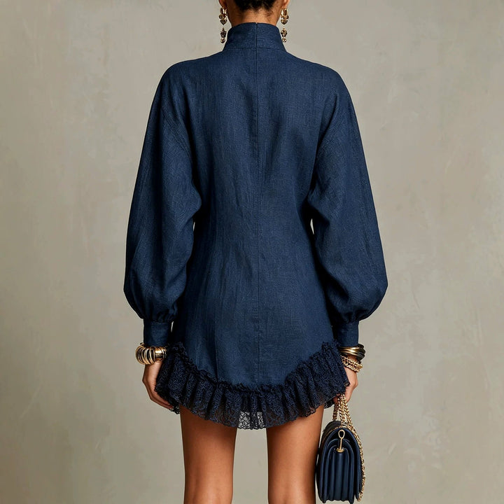 Keturah - Women's Lantern Sleeve Button Ruffle Mini Dress