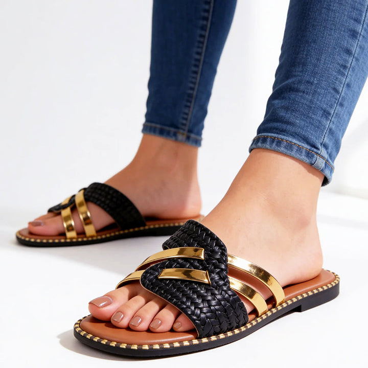 Kimberly - Women’s Metallic Accent Textured Slide Sandals