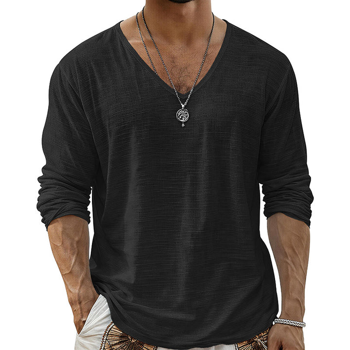 Lance - Men's Cotton Linen V-Neck Long Sleeve T-Shirt 1
