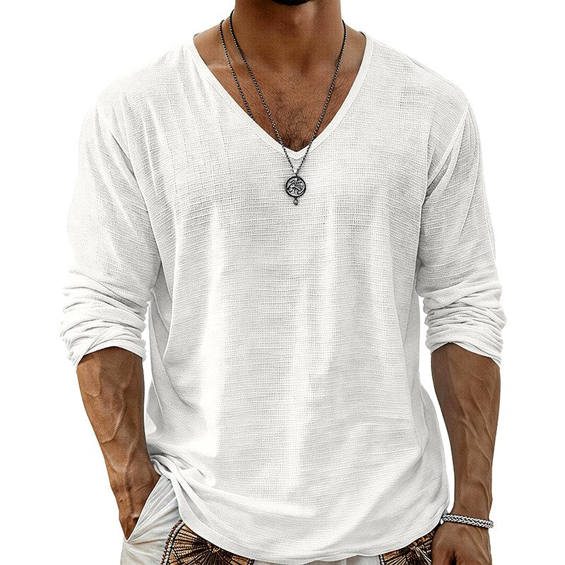 Lance - Men's Cotton Linen V-Neck Long Sleeve T-Shirt 3