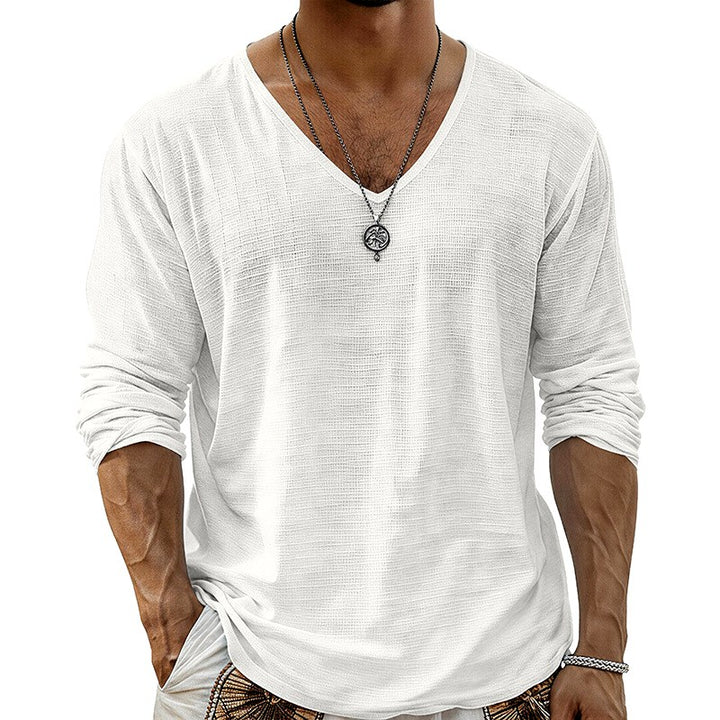 Lance - Men's Cotton Linen V-Neck Long Sleeve T-Shirt 3