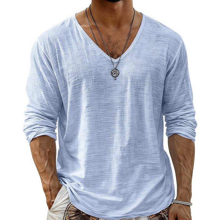 Lance - Men's Cotton Linen V-Neck Long Sleeve T-Shirt 4