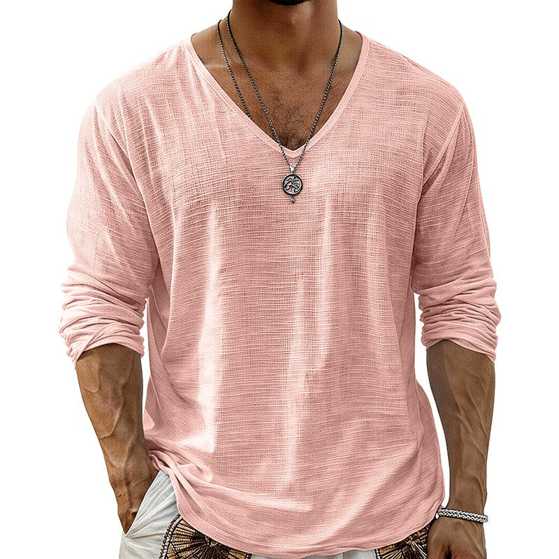 Lance - Men's Cotton Linen V-Neck Long Sleeve T-Shirt 6
