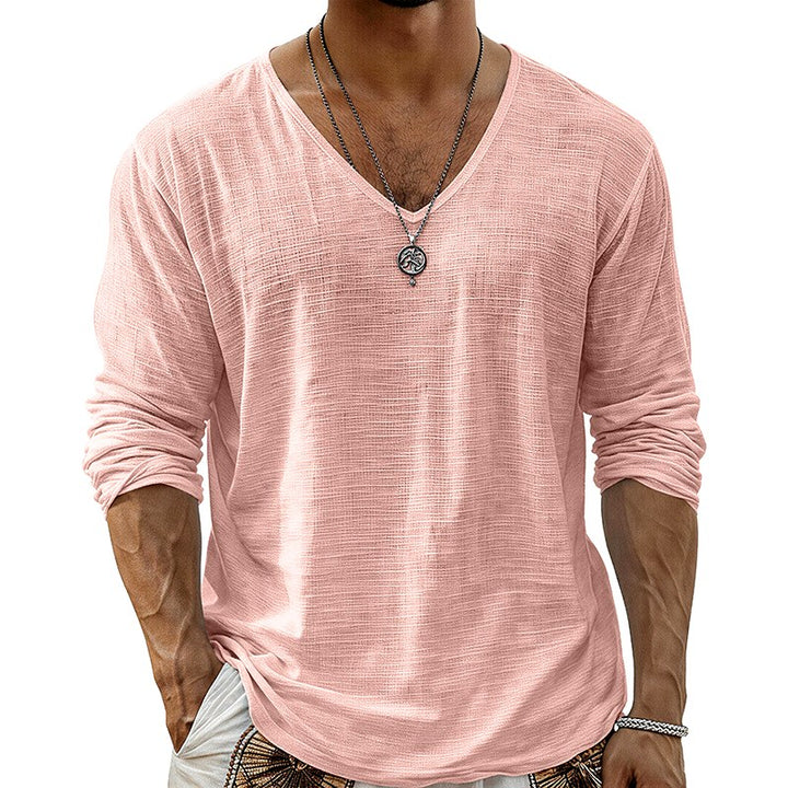 Lance - Men's Cotton Linen V-Neck Long Sleeve T-Shirt 6